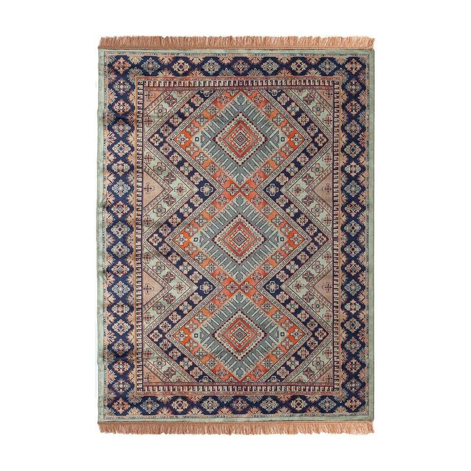  Vintage Vloerkleed Khepera Groen Met Franjes- Tier - 137 X 200 Cm