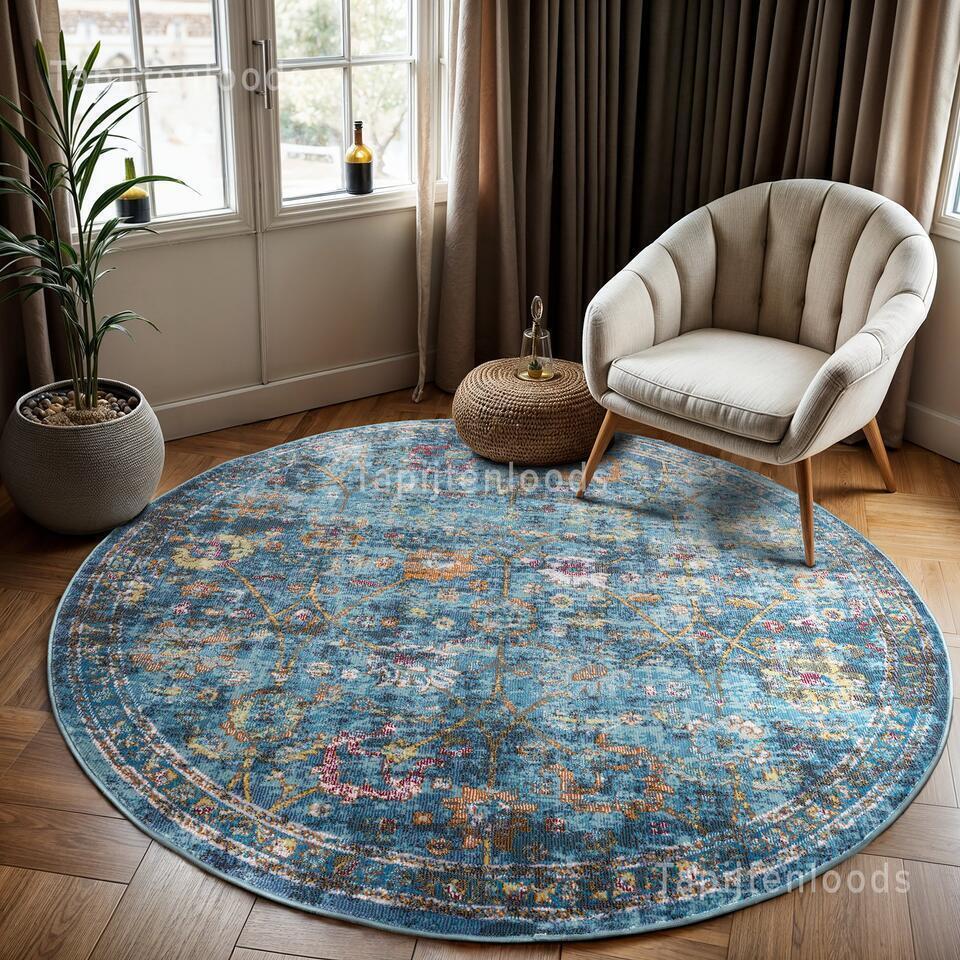  Picasso Sarough Vintage Rond Vloerkleed Blauw Laagpolig - 160 CM ROND